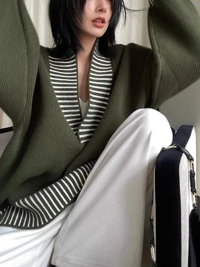Loose Green Stripped V-neck Sweater Plush Fashion Hub