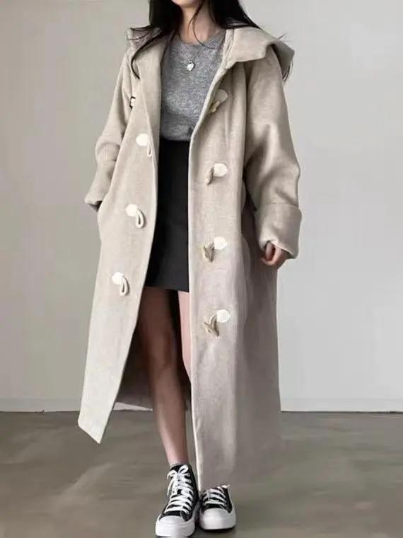 Loose Horn Button Hooded Long Woolen Coat PAINEVIDA