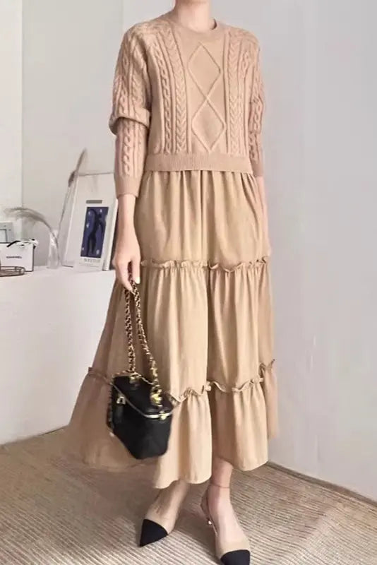 Loose Long-sleeved Cable Knit Split-joint A-line Dress Plush Fashion Hub