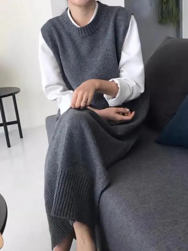 Loose Round Neck Side Slit Knitted Vest Dress Plush Fashion Hub