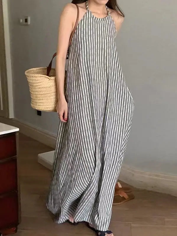 Loose Tie Open Back Striped Tank Dress Plush Fashion Hub