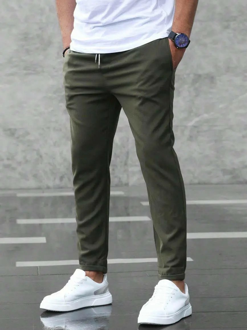 Men's Casual Pants With Pockets Fashion Slim Fit Drawstring Trousers.