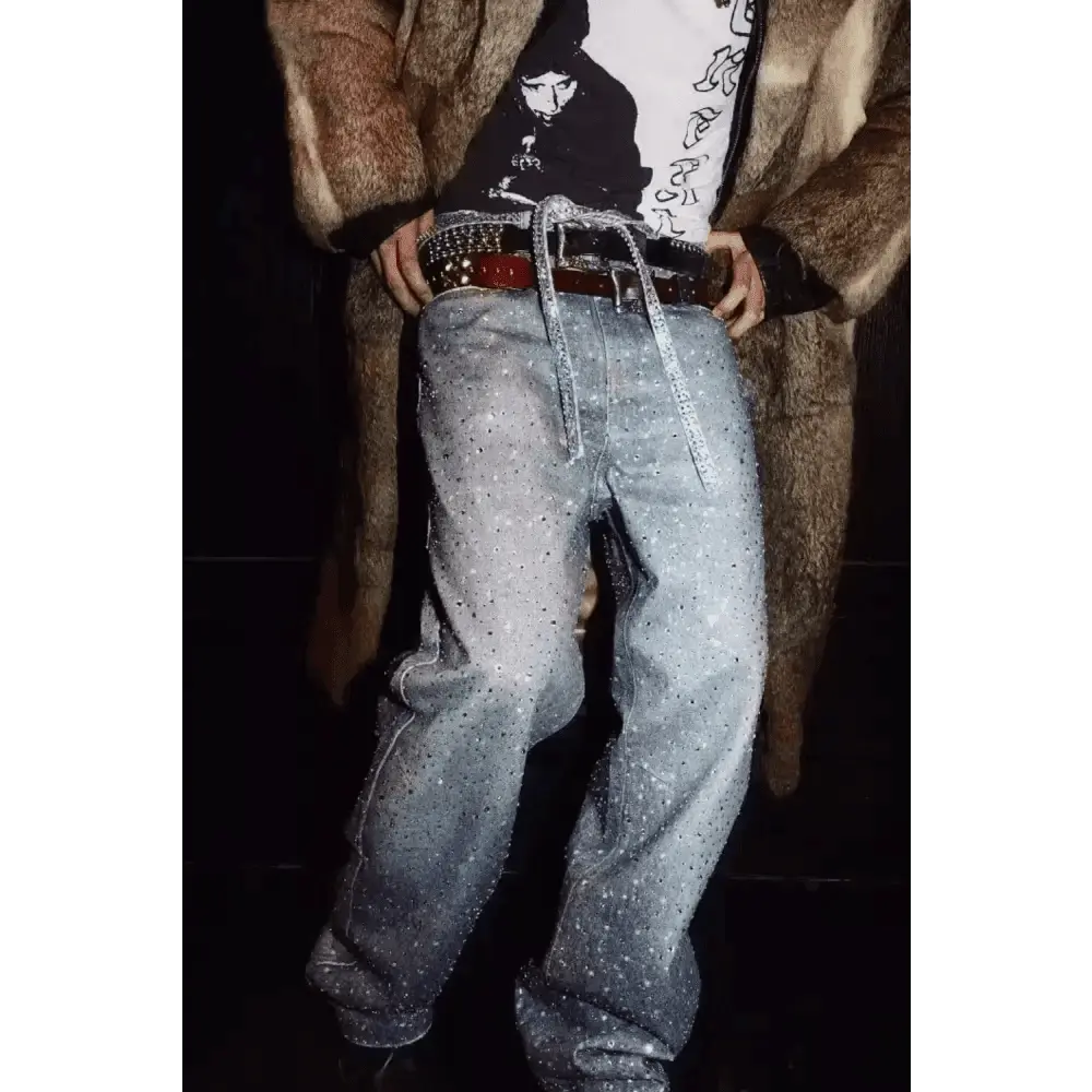 Men's Washed Rhinestone Jeans with Rhinestone Belt.