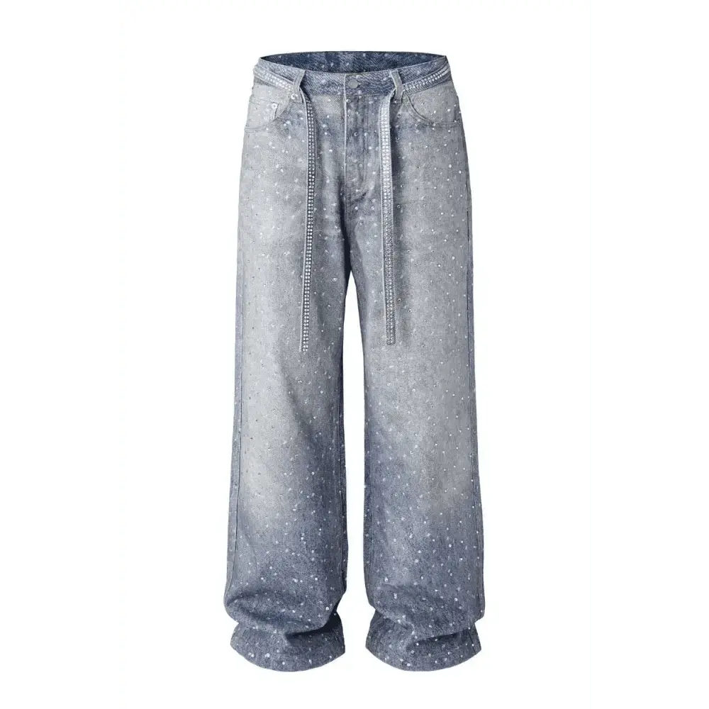 Men's Washed Rhinestone Jeans with Rhinestone Belt.