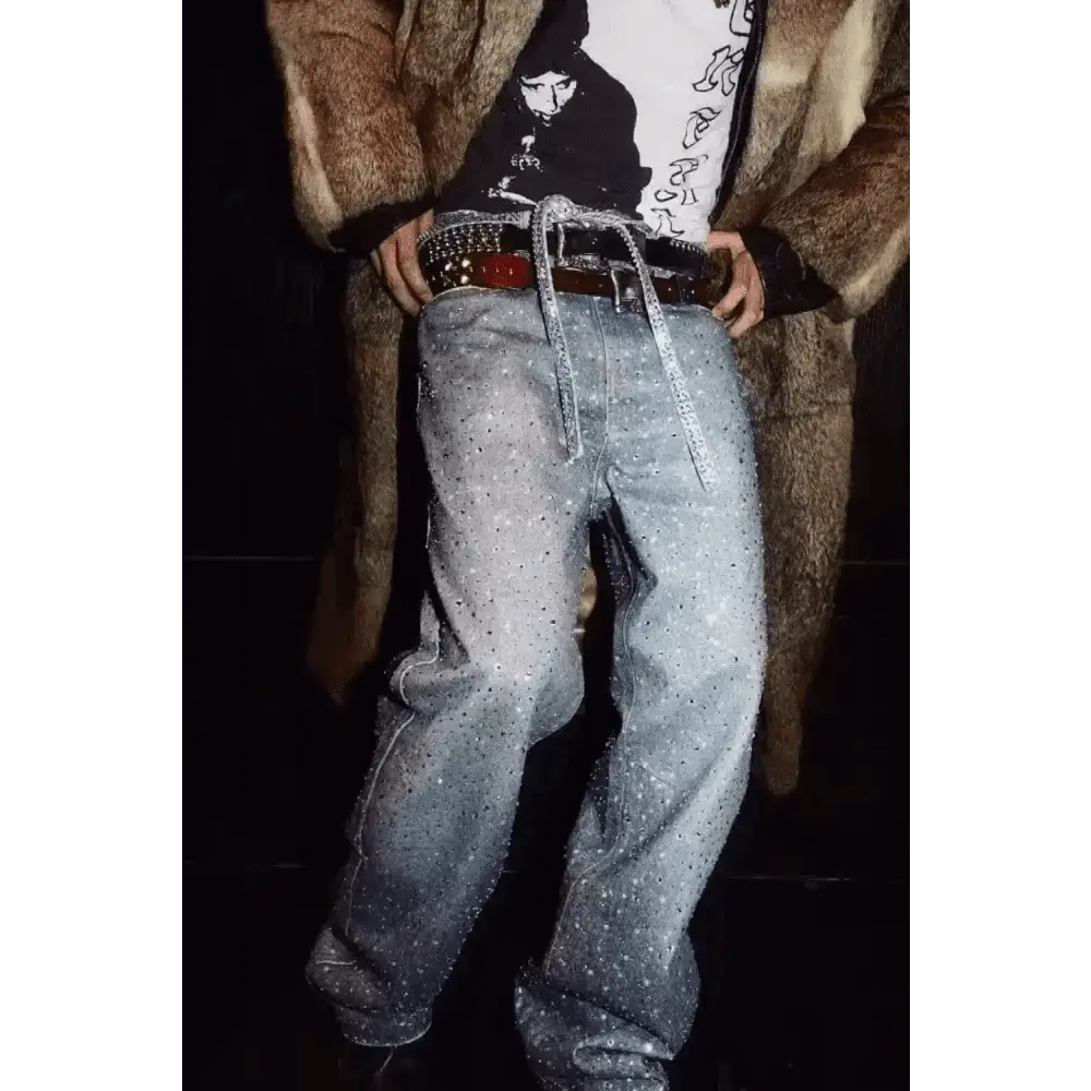 Men's Washed Rhinestone Jeans with Rhinestone Belt.