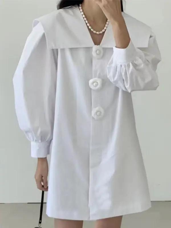 Navy Neck Flower Button Balloon Sleeve Shirt Dress PAINEVIDA