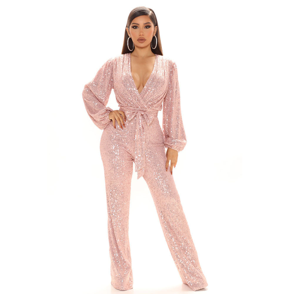Fall High-End Women Sequ Deep V-neck Long Sleeve Jumpsuit Jumpsuit Trousers Bella Mia