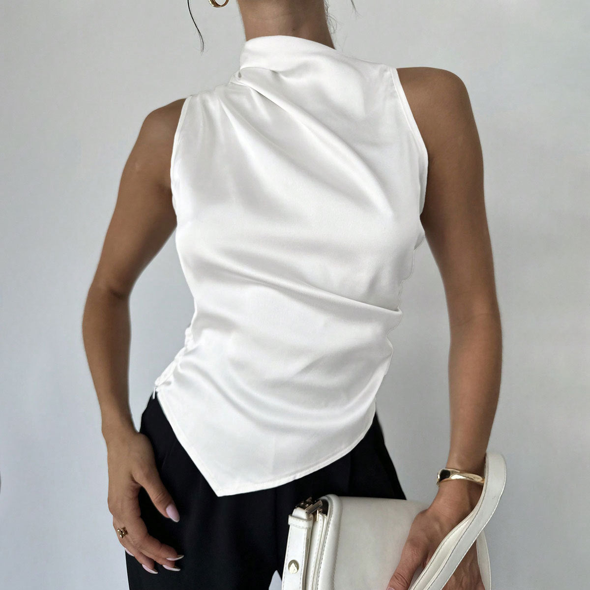 Summer Women Clothing Summer Satin Shirt Women Simple Sleeveless Satin Artificial Silk Shirt Top Bella Mia