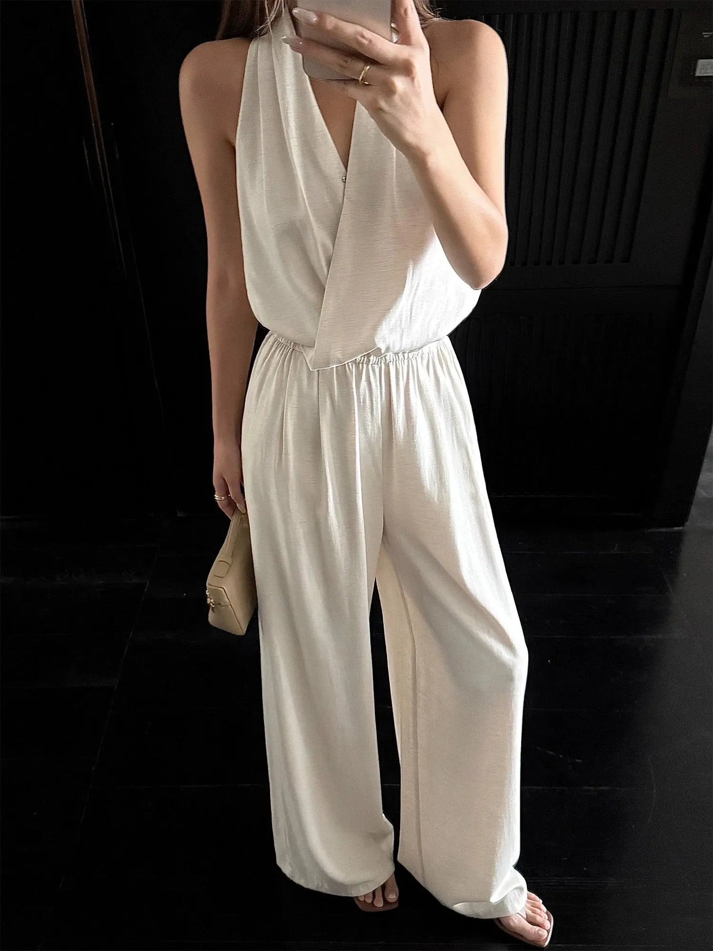 Old Money V-Neck Halter Sleeveless Jumpsuit Plush Fashion Hub