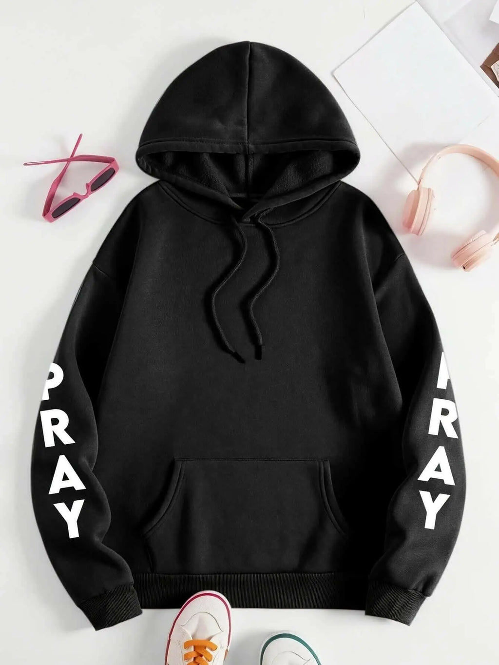 PRAY Print Plus Size  Kangaroo Pocket Hoodie -.