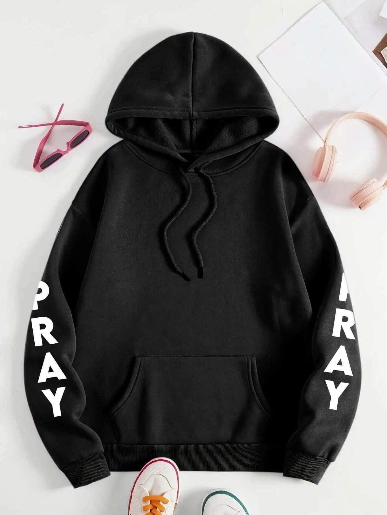 PRAY Print Plus Size  Kangaroo Pocket Hoodie -.