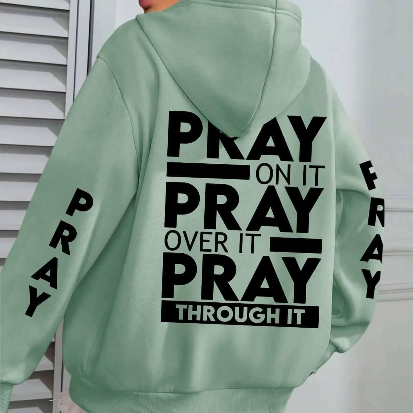 PRAY Print Plus Size  Kangaroo Pocket Hoodie -.