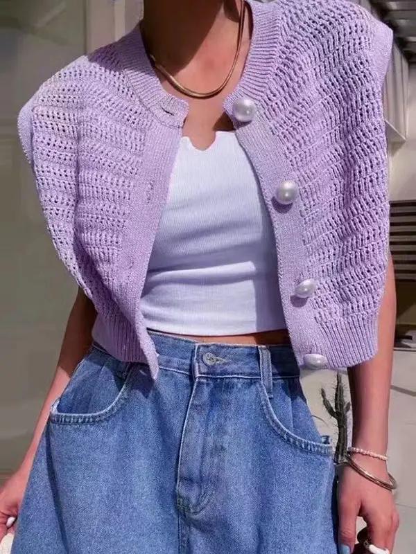 Pearl Button Hollow Jacquard Sleeveless Knitted Vest Plush Fashion Hub