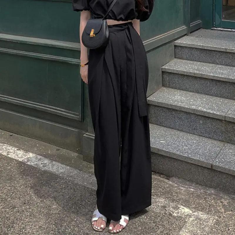 Pleated Asymmetrical Ties High-waisted Wide-leg Pants Plush Fashion Hub