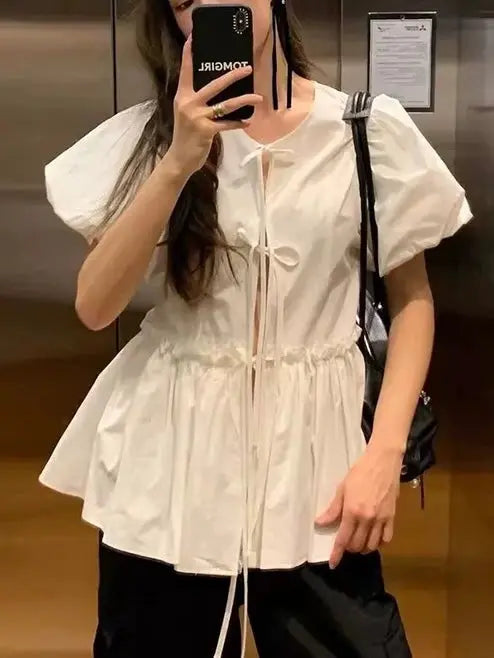 Round Neck Tie Stitching Ruffled Puff Sleeve Shirt Plush Fashion Hub