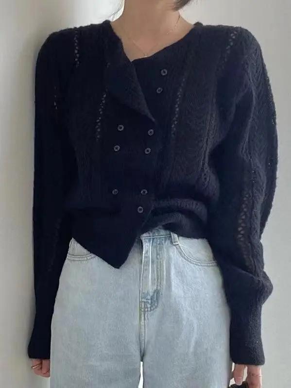 Round-neck Double-breasted Hollow Sweater Top Plush Fashion Hub