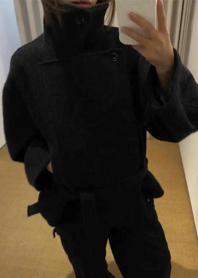 Short Stand-up Collar Wool Tie Coat Plush Fashion Hub
