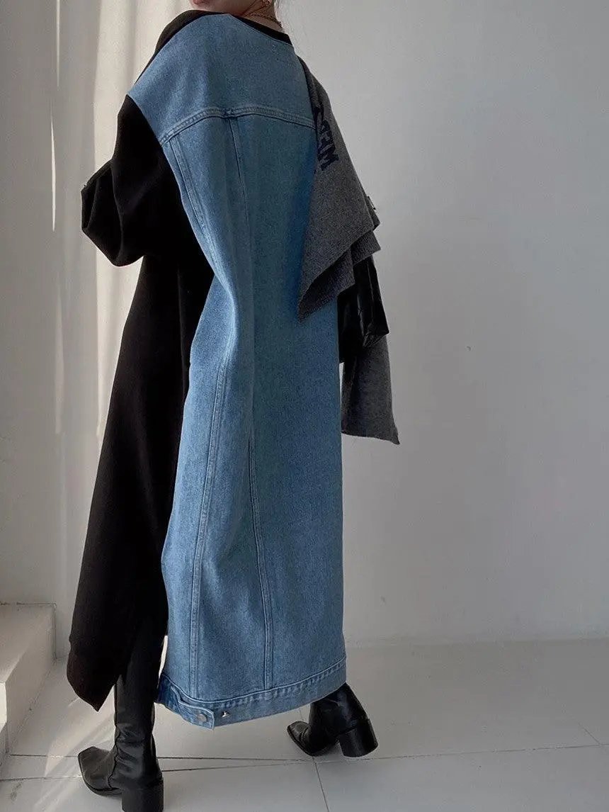 Simple Letter Print Denim Splt-joint Long Sleeve Sweatshirt Dress PAINEVIDA