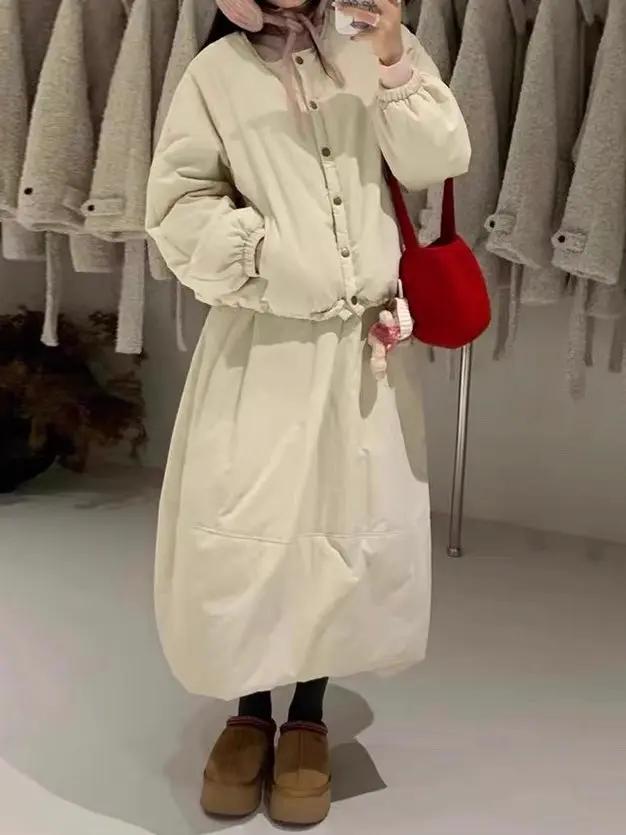 Single-Breasted Cotton-Padded Jacket + High-Waisted Tulip Skirt Two-Piece Set Plush Fashion Hub