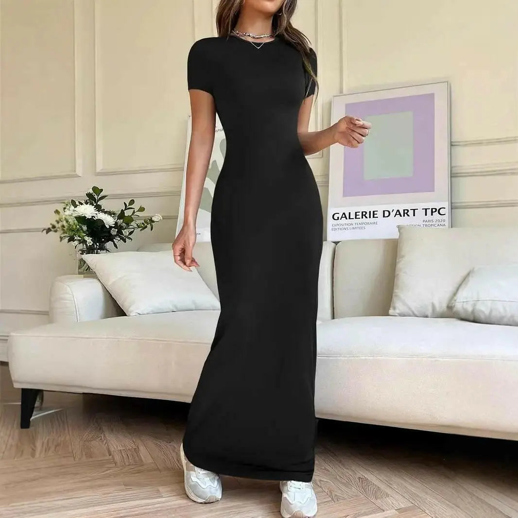 Solid Color Elegant Slim-fit Short Sleeve Dress.
