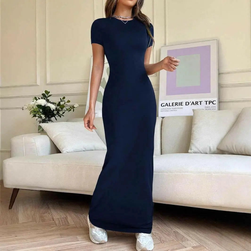 Solid Color Elegant Slim-fit Short Sleeve Dress.