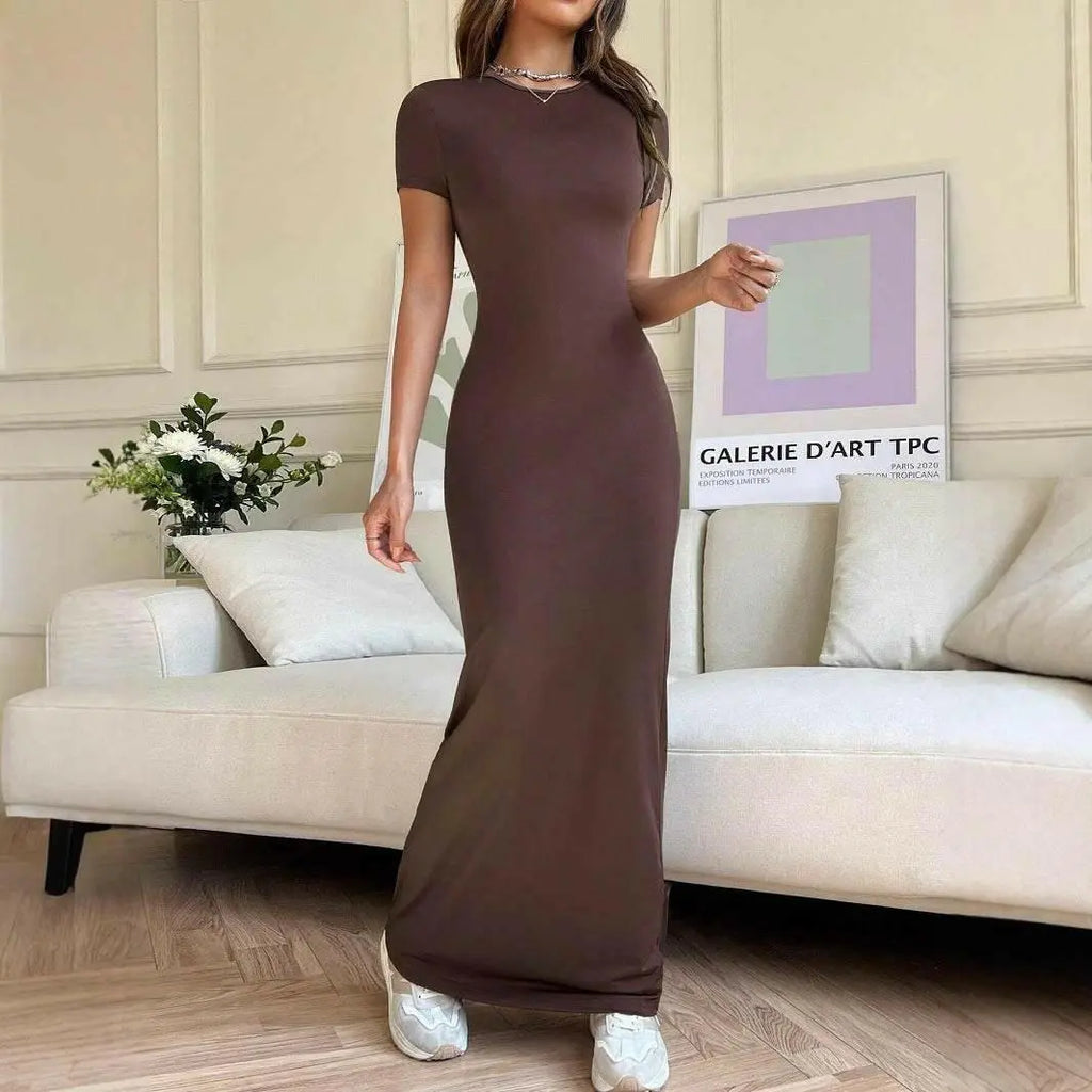 Solid Color Elegant Slim-fit Short Sleeve Dress.
