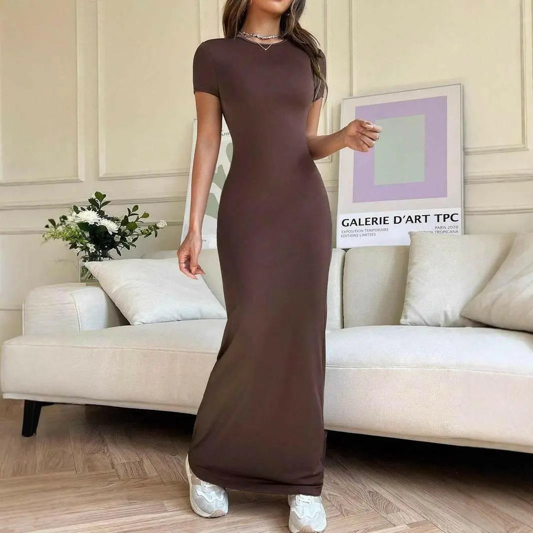 Solid Color Elegant Slim-fit Short Sleeve Dress.