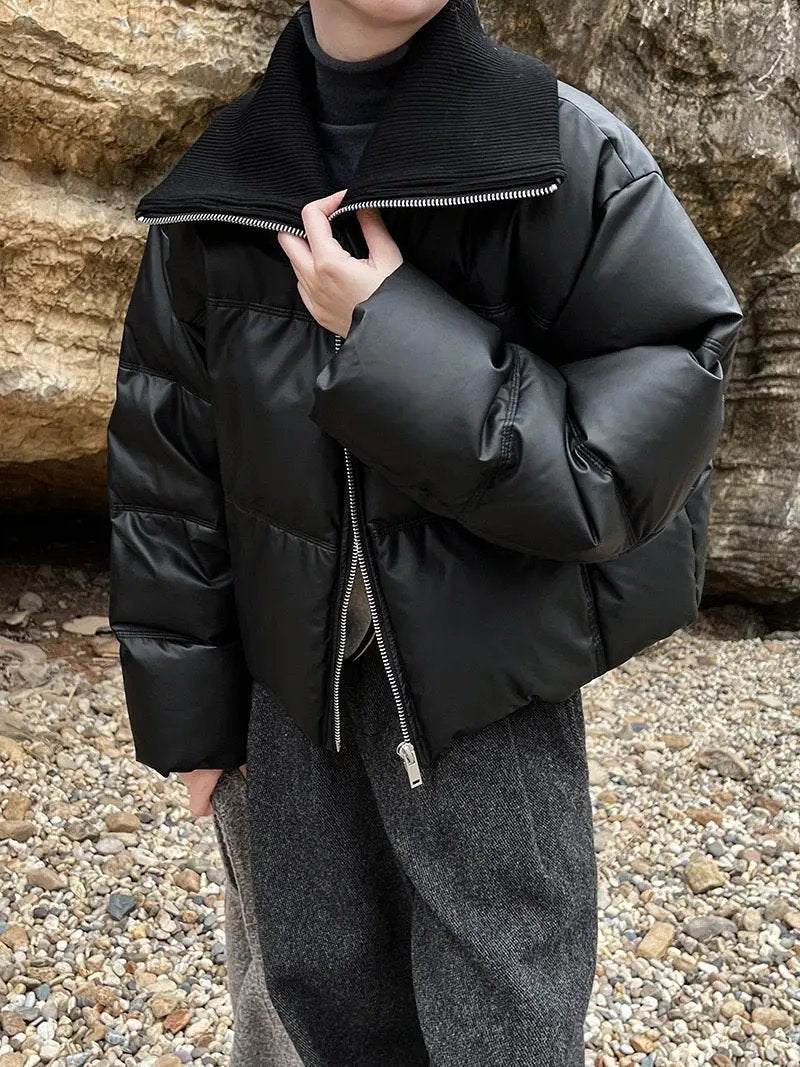 Spliced PU Leather Down Jacket Plush Fashion Hub