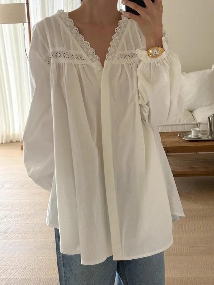 V-neck Hollow Lace Loose Shirt Blouse Plush Fashion Hub