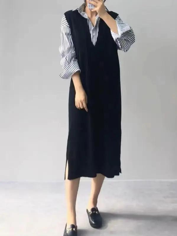V-neck Knit Split-side Long Dress Plush Fashion Hub