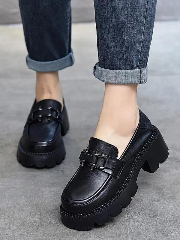 Vintage Black&Brown Solid Color Loafers Platform Shoes Plush Fashion Hub