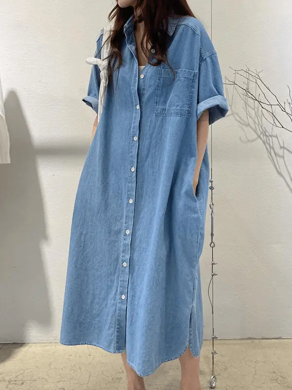 Vintage Lapel Single Breasted Casual Pocket Denim Dress PAINEVIDA