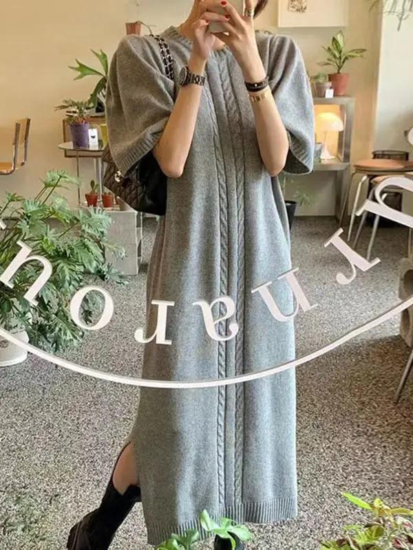Vintage Textured Short Sleeves Long Slit Sweater Dress Plush Fashion Hub