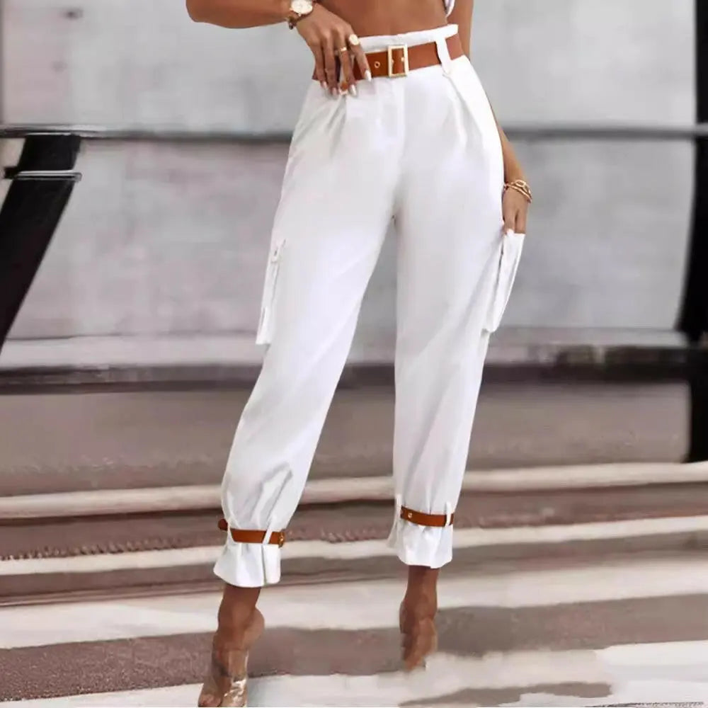 Women's Contrast Color Belt Trousers.