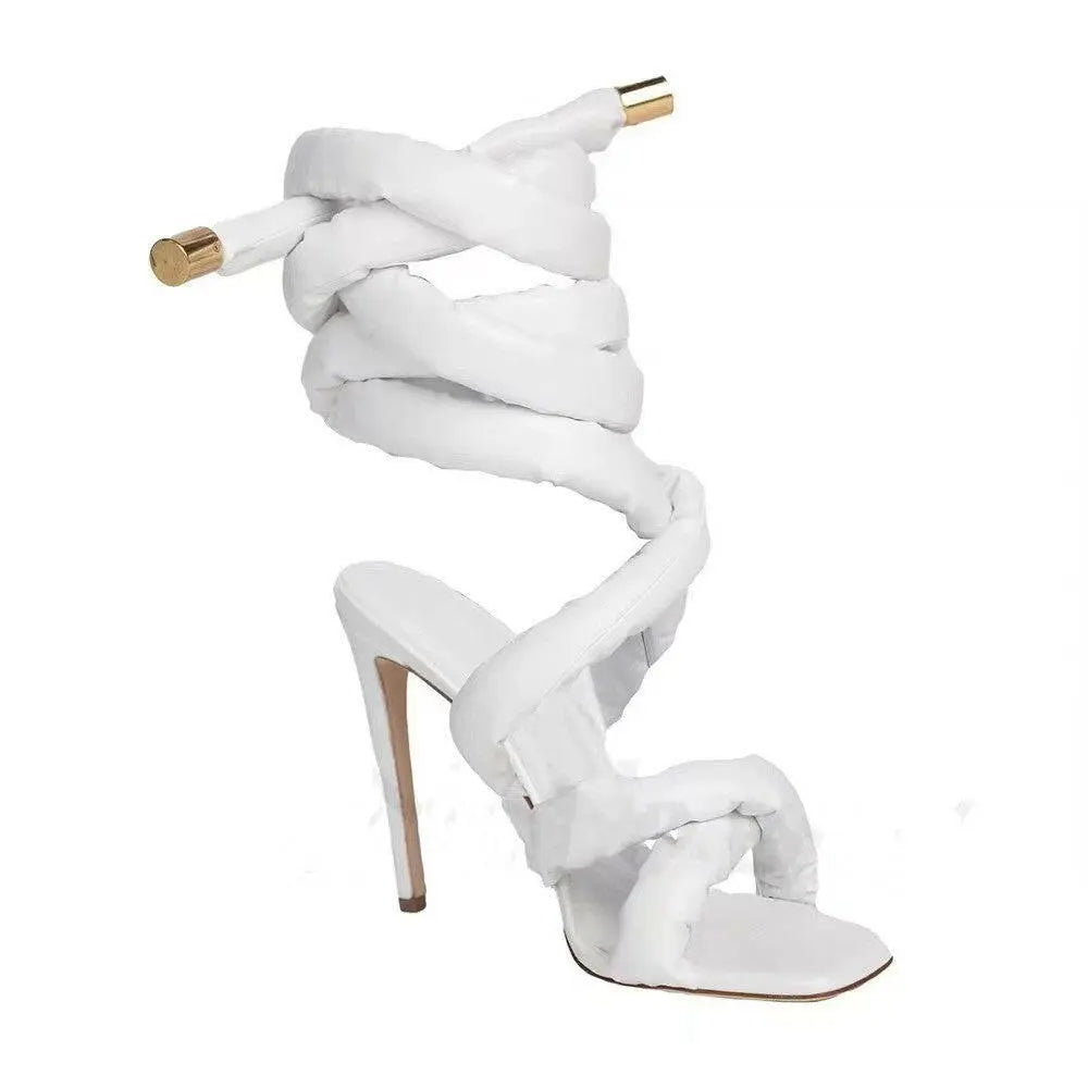Square Toe Stiletto Heel Sandals Women's Cross Strap Ankle Ring Strip Winding Catwalk Large Size Roman Shoes.