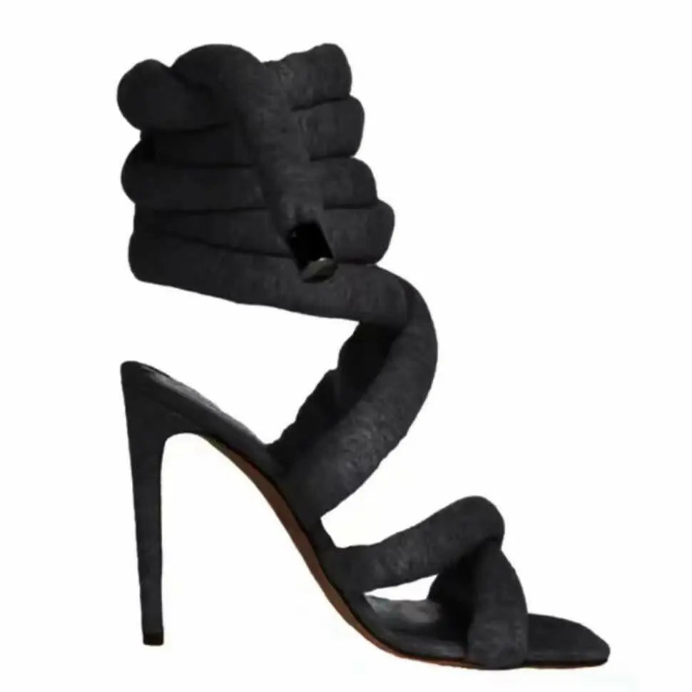 Square Toe Stiletto Heel Sandals Women's Cross Strap Ankle Ring Strip Winding Catwalk Large Size Roman Shoes.