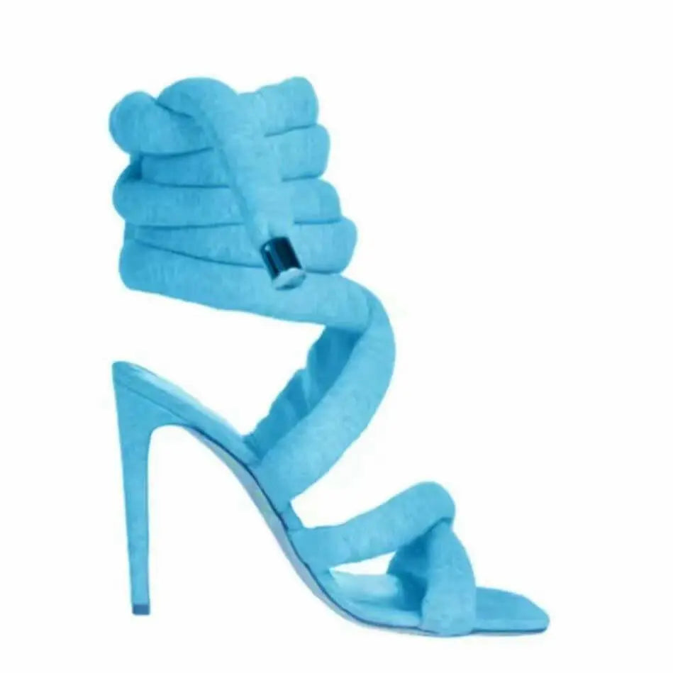 Square Toe Stiletto Heel Sandals Women's Cross Strap Ankle Ring Strip Winding Catwalk Large Size Roman Shoes.