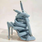 Square Toe Stiletto Heel Sandals Women's Cross Strap Ankle Ring Strip Winding Catwalk Large Size Roman Shoes.