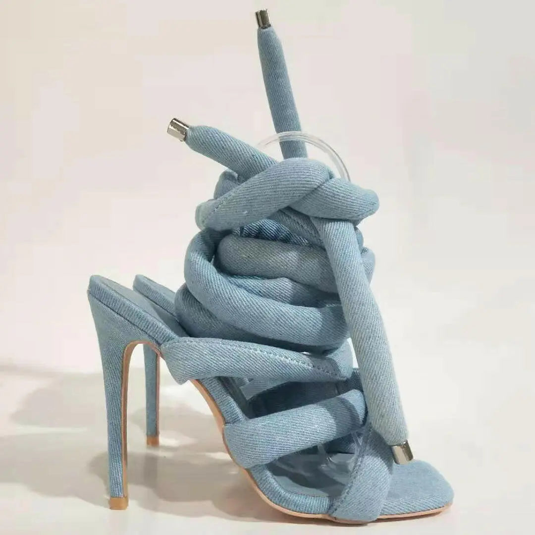 Square Toe Stiletto Heel Sandals Women's Cross Strap Ankle Ring Strip Winding Catwalk Large Size Roman Shoes.