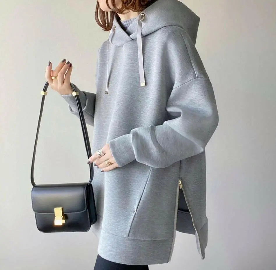 Women's Loose Slimming Hooded Solid Color Side Zipper Sweater Plush Fashion Shop