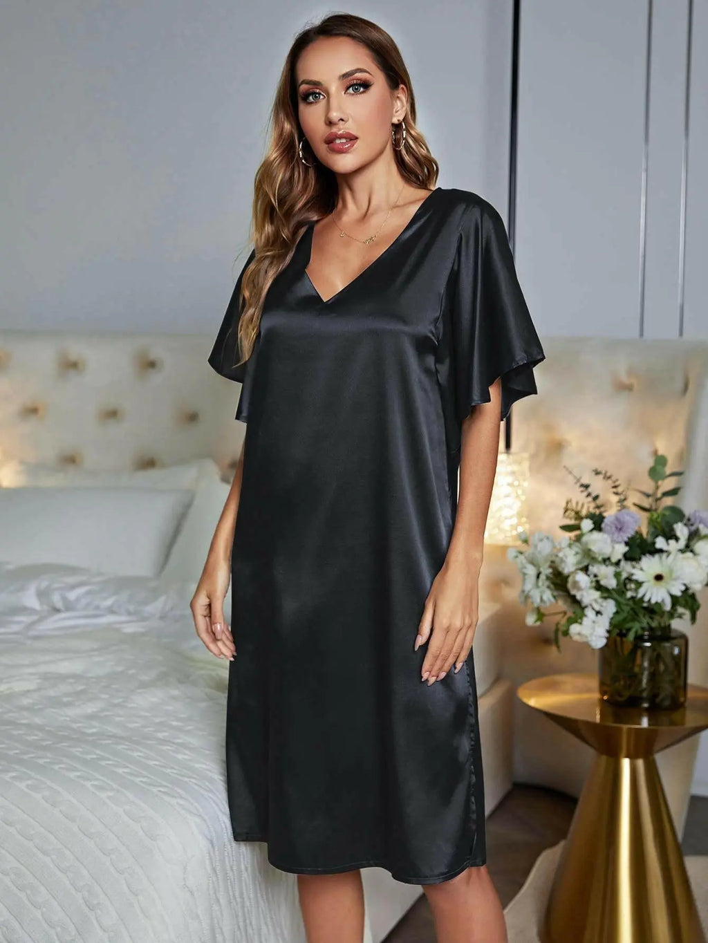 Women's V-Neck Flutter Sleeve Night Dress.