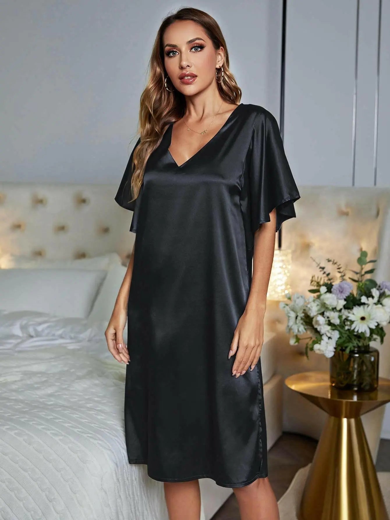 Women's V-Neck Flutter Sleeve Night Dress.