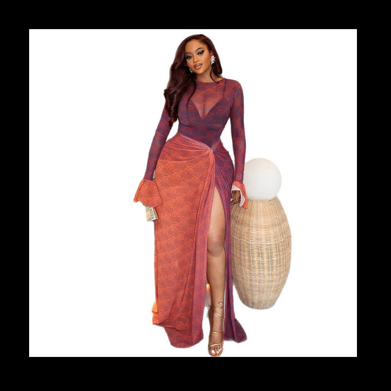 Women's Asymmetrical Color-Block Long Sleeve Dress