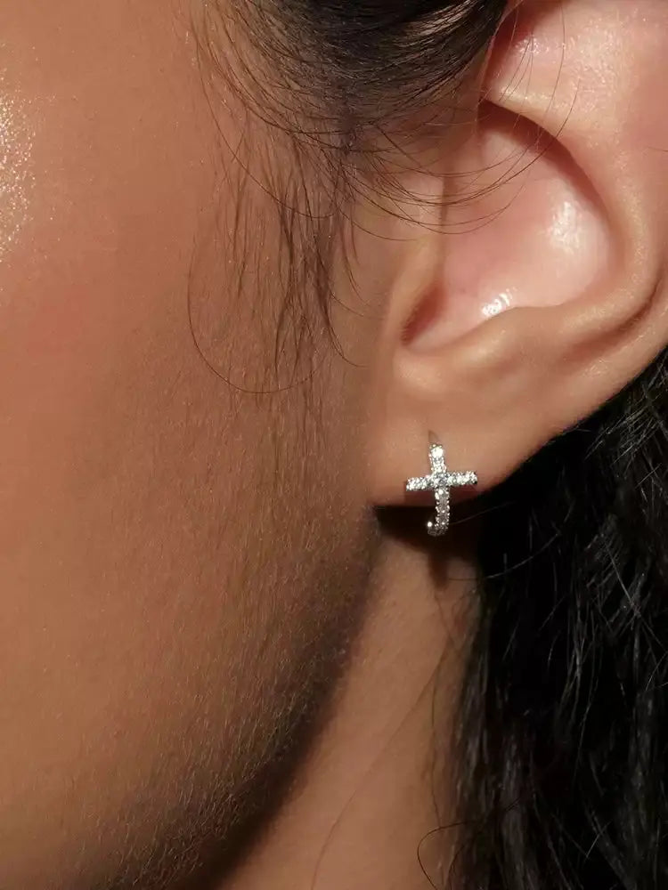 s925 Silver Diamond Mini Cross Earrings PAINEVIDA